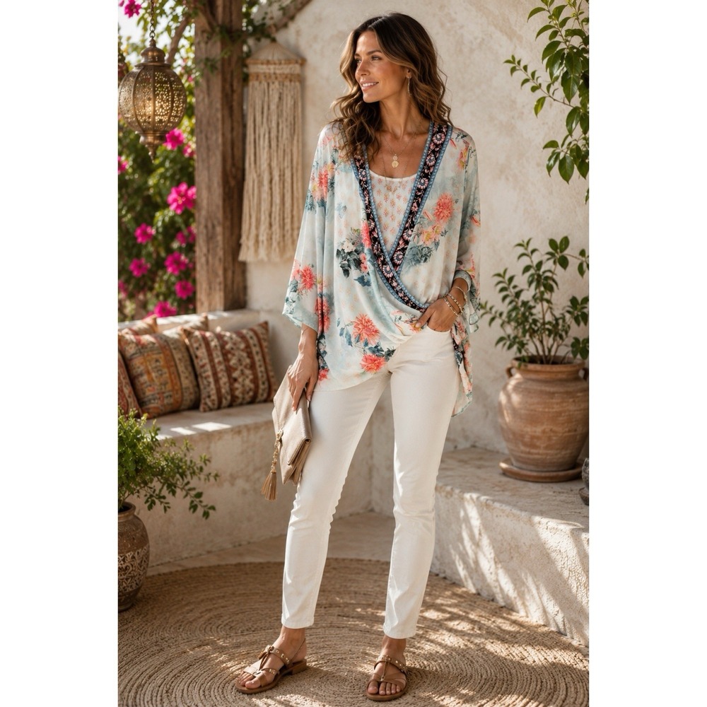 Feathers by Tolani Size Medium Floral Kimono Top Boho Surplice Draped Blouse
